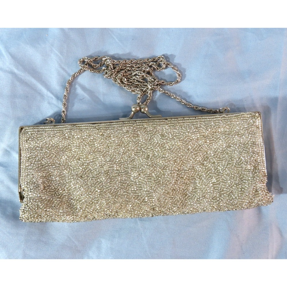 Vintage LA REGALE BEADED PURSE BAG Clutch or Chain Strap SILVER GLASS BEADS